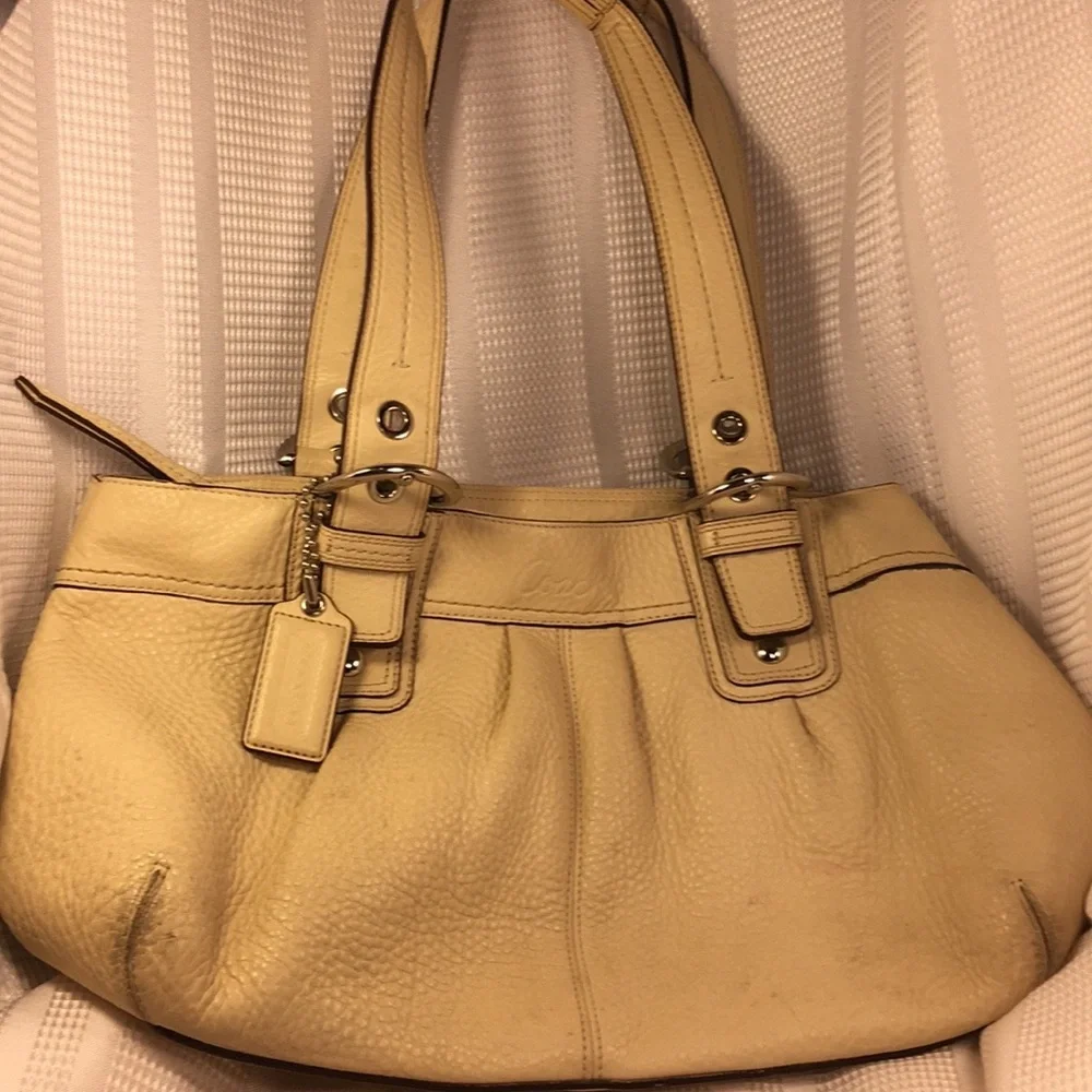 Coach large leather bag w/iconic buckles & charm